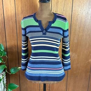 Vintage Liz Claiborne Blue Green Striped Ribbed‎ Cotton Henley Sweater Size M
